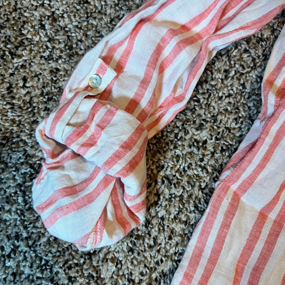 Jones & Co Linen Stripe Button Down Shirt Women Size S Red White Roll Tab Sleeve - Picture 4 of 7